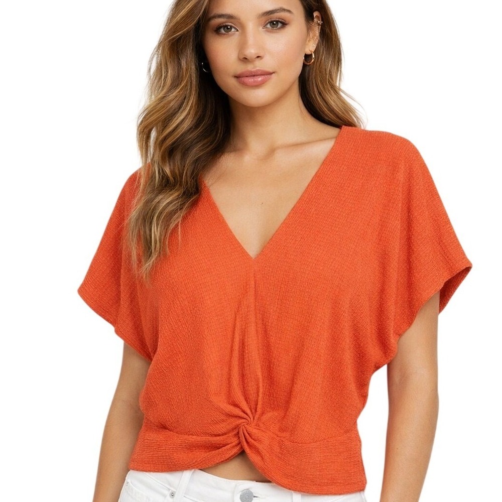 Zara Coral Textured Knot Front Crop Top Short Sleeve Size M